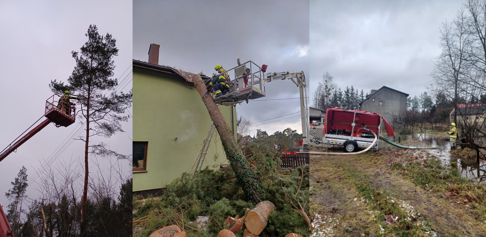 Działalność Komendy Powiatowej Państwowej Straży Pożarnej: po lewej stronie strażak na wysięgniku przy sośnie, pośrodku usuwanie powalonego drzewa z domu, po prawej stronie przepompowywanie wody.