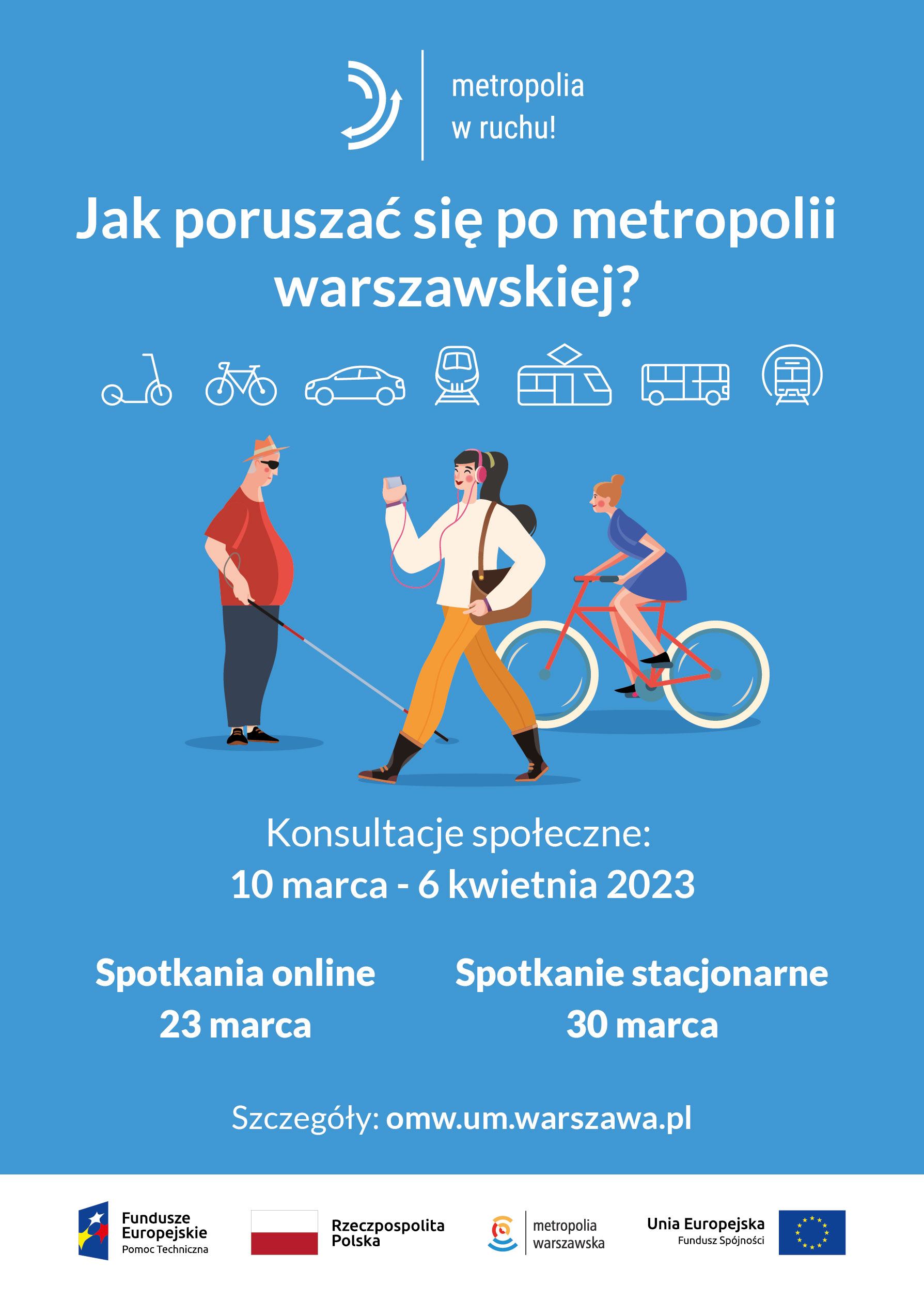 Plakat Jak poruszać się po metropolii warszawskiej? Na niebieskim tle ikony środków transportu, poniżej rysunek osoby niewidomej, idącej kobiety i kobiety jadącej na rowerze.